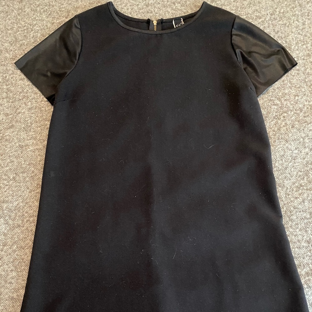 Black shift dress w/ leather sleeves